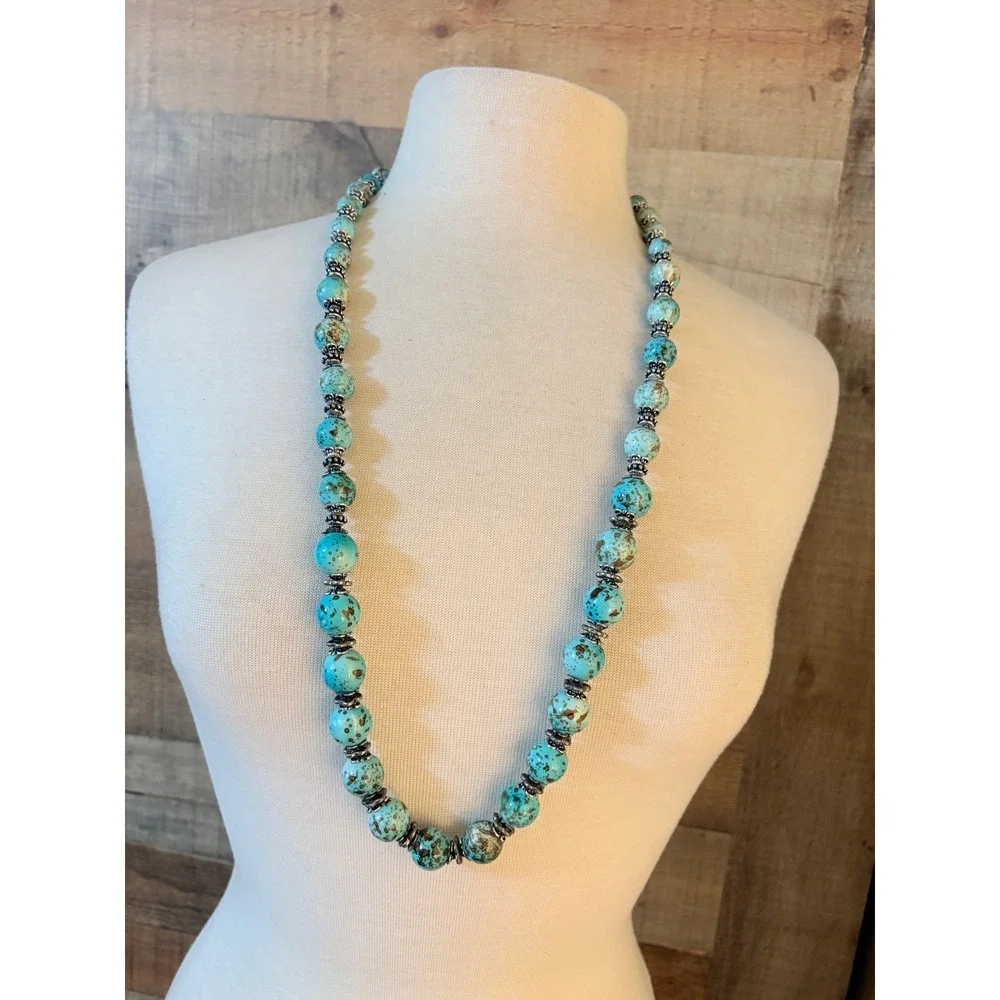 Turquoise Speckled Beaded Statement Necklace Silver Tone Boho Southwestern